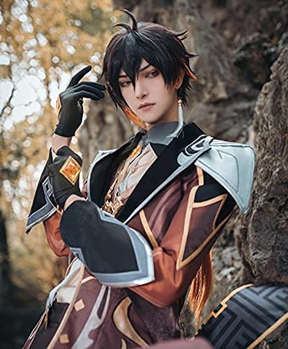Miniatura 5 de Aadesso Zhongli Cosplay peluca para juego Genshin Impact traje marrón mezclado naranja Cosplay con gorra peluca