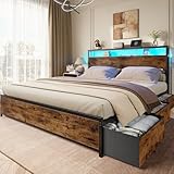 Forestell Queen Bed Frame with Headboard & 6 Drawers, Metal Platform Bed Frame Queen Size with Charging Station,LED Lights,2 Tier Shelf Storage Bedframe-No Box Spring Needed,Noise Free,Rustic Brown