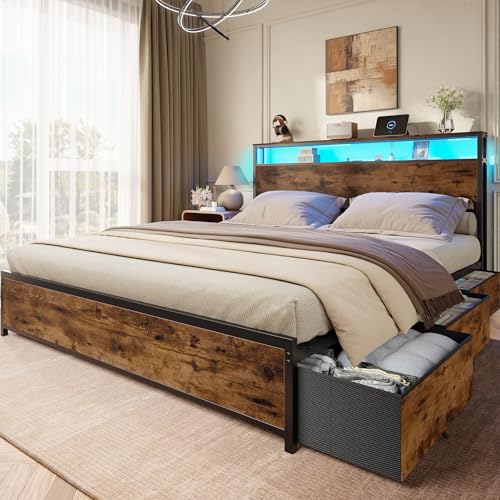 Image of Forestell Queen Bed Frame with 2-Tier Storage Headboard & 6 Drawers | Platform Bed with Heavy Duty Slat Support, Charging Station & LED, USB, Type-C & AC Ports, Noise-Free, No Box Spring, Brown
