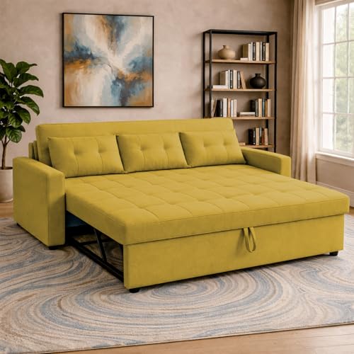 Image of Emilio 3 Seater with Ottomon Pull-Out Sofa Cum Bed (Yellow Color) Premium Fabric Sofa Set for Living Room | Bedroom