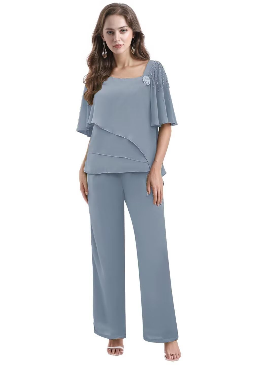 2 Piece Mother of The Bride Pant Suits for Wedding Chiffon Bead Formal Guest Dresses with Ruffle DM10