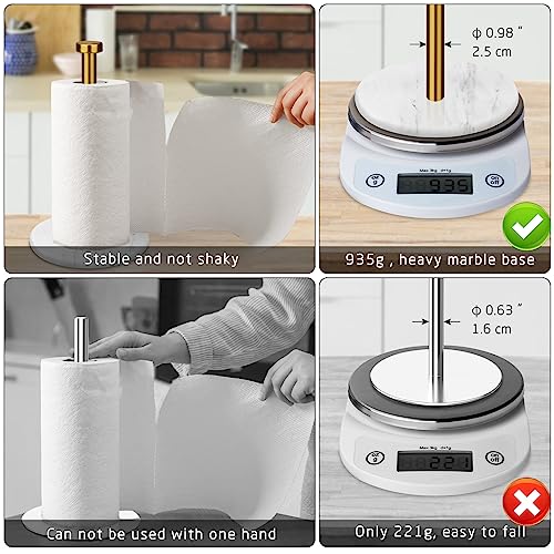 Heshibi Paper Towel Holder Countertop With 7" Weighted White Marble Base - Modern Free Standing Paper Roll Holder, Brushed Gold Stainless Steel Stand Paper Towel Holder For Kitchen And Bathroom #TOP3