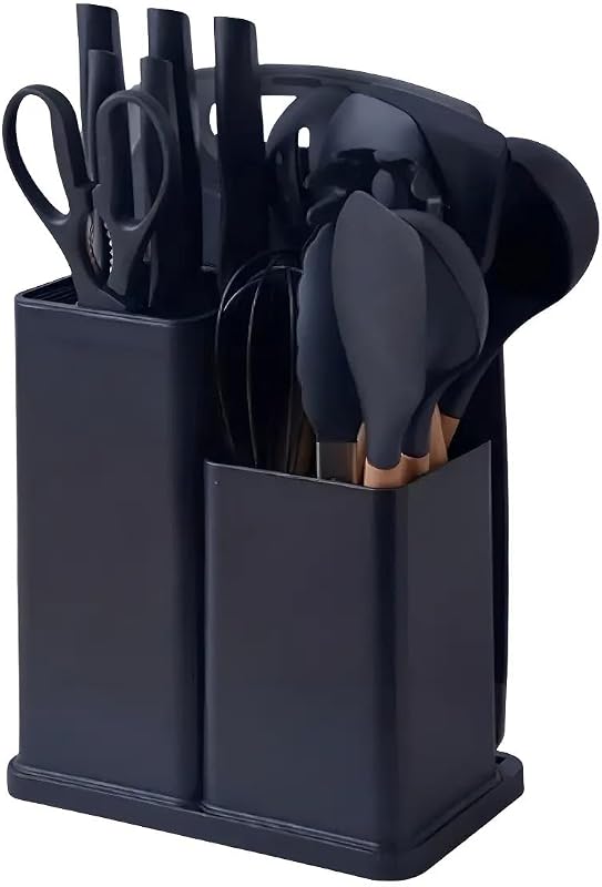 Kit Utensílios Para Cozinha Silicone 19 Peças Cabo Madeira, Preto