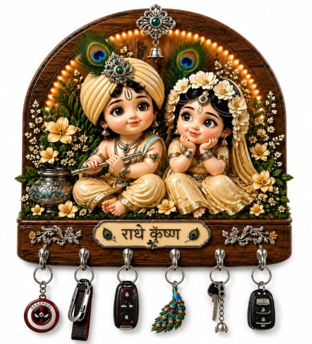 Image of CAPIO Art Radha Krishna Key Holder for Wall with 6 Hooks | Decorative Wooden Wall Mounted Key Hanger | Premium Resin Key Organizer for Home Entrance, Living Room, Office & Temple | 27 x 24 cm