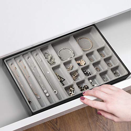 JackCubeDesign 21 Compartments Stackable Synthetic Leather Jewelry Tray Earring Necklace Bracelet Ring Organizer Display Storage Box(Set of 1, Black, 16 x 9.6 x 1.6 inches)- :MK212-1C