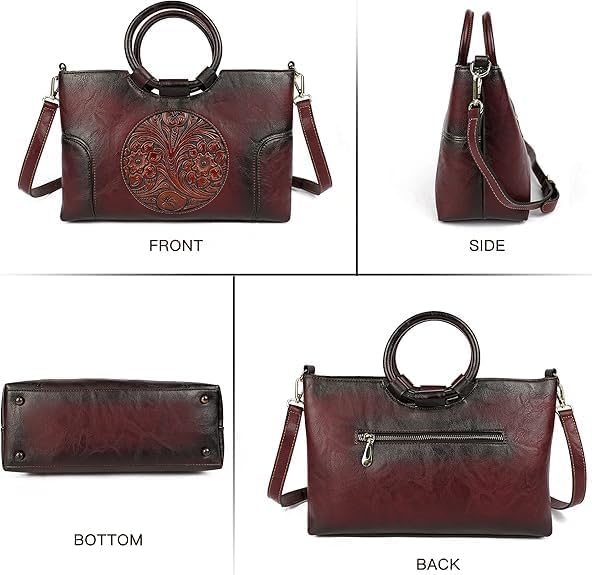 Vintage Leather Purse for Women Clutch Satchel Top-Handle Tote Bag Embossed Totem Shoulder Handbags - Image 4