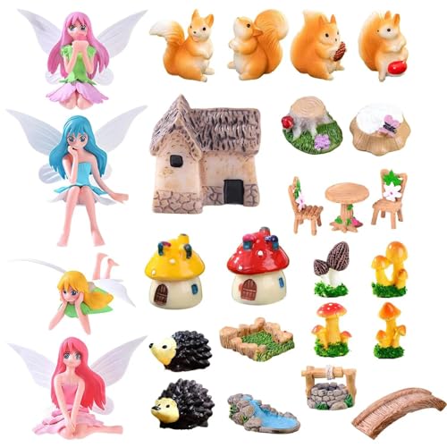 Srumvoat 30 PCS Fairy Garden Accessories with Mini Mushroom Houses And Furniture for Outdoor Miniature Fairy Figures Animals Plant Furniture Set for DIY Potted Plants Dollhouse Desk Decor