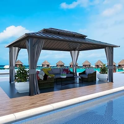 VEIKOU 12' X 16' Hardtop Gazebo, Outdoor Aluminum Gazebo, Double Roof Pergola, Heavy Duty w/Netting and Curtains for Garden, Deck, Backyard