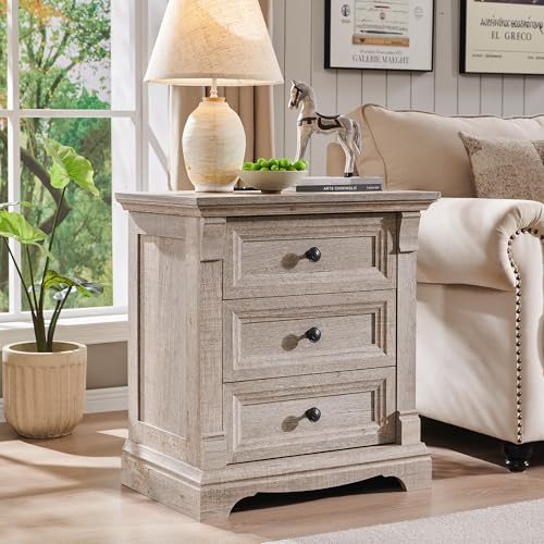 Image of Farmhouse 26 inch Tall Nightstand with Charging Station, 23.6 inch Wood Side Table