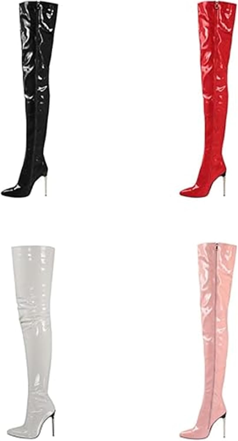 Women's Over The Knee Stiletto Thigh High Boots Fashion Pointed Toe PU Leather With Back Zipper Boots Sexy Wide Calf Wedding Nightclub Party Dress Shoe