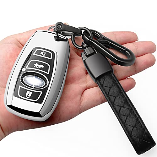 Compatible with Subaru Key Fob Cover With Leather Keychain Soft TPU 360 Degree Protection Key Case For Forester CrossTrek Outback WRX Ascent BRZ Impreza Legacy Smart Key（Silver）