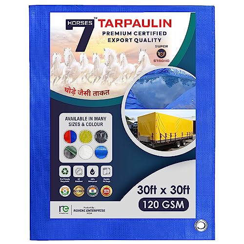 Image of 7 Horses 30 x 30 ft 120 GSM Blue Tarpaulin Tirpal Tadpatri Tharpai Thadika|Heavy Duty Poly Tarp with Aluminium Eyelets Every 7 feet|100% Waterproof Plastic Cover for Truck, Roof, Rain & More
