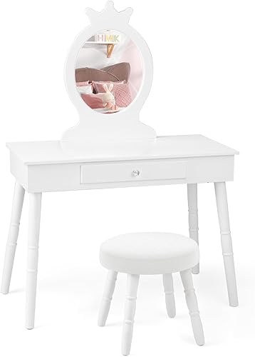 Miniatura 9 de HONEY JOY Vanity - Juego de tocador y silla de maquillaje de princesa con forma de corona con cajón, taburete acolchado para niños pequeños, espejo