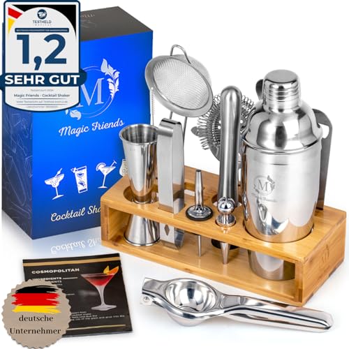 Magic Friends® Cocktail Shaker Set – 16-teiliges Edelstahl Bar-Set mit Holzständer, Limettenpresse & Rezeptbuch – Professionelles Barkeeper-Zubehör für Zuhause & Partys
