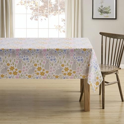 Spring Easter Vinyl Flannel Backed Tablecloth for Dining Room Kitchen Table Decor: Happy Bunny Rabbit Bunnies Floral Design Pink Blue Green Yellow White-Easter Rabbit 60" x 102" by Serafina Home - Used condition - US$15.99