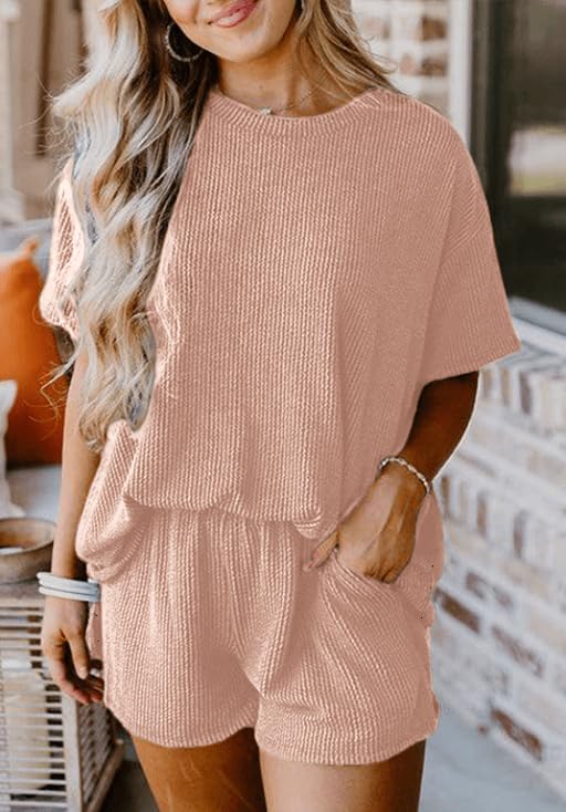 Image of Womens Pajama Sets 2 Piece Pjs Sleepwear Soft Comfy Short Sleeve Tops and Shorts Lounge Set Loungewear Outfit