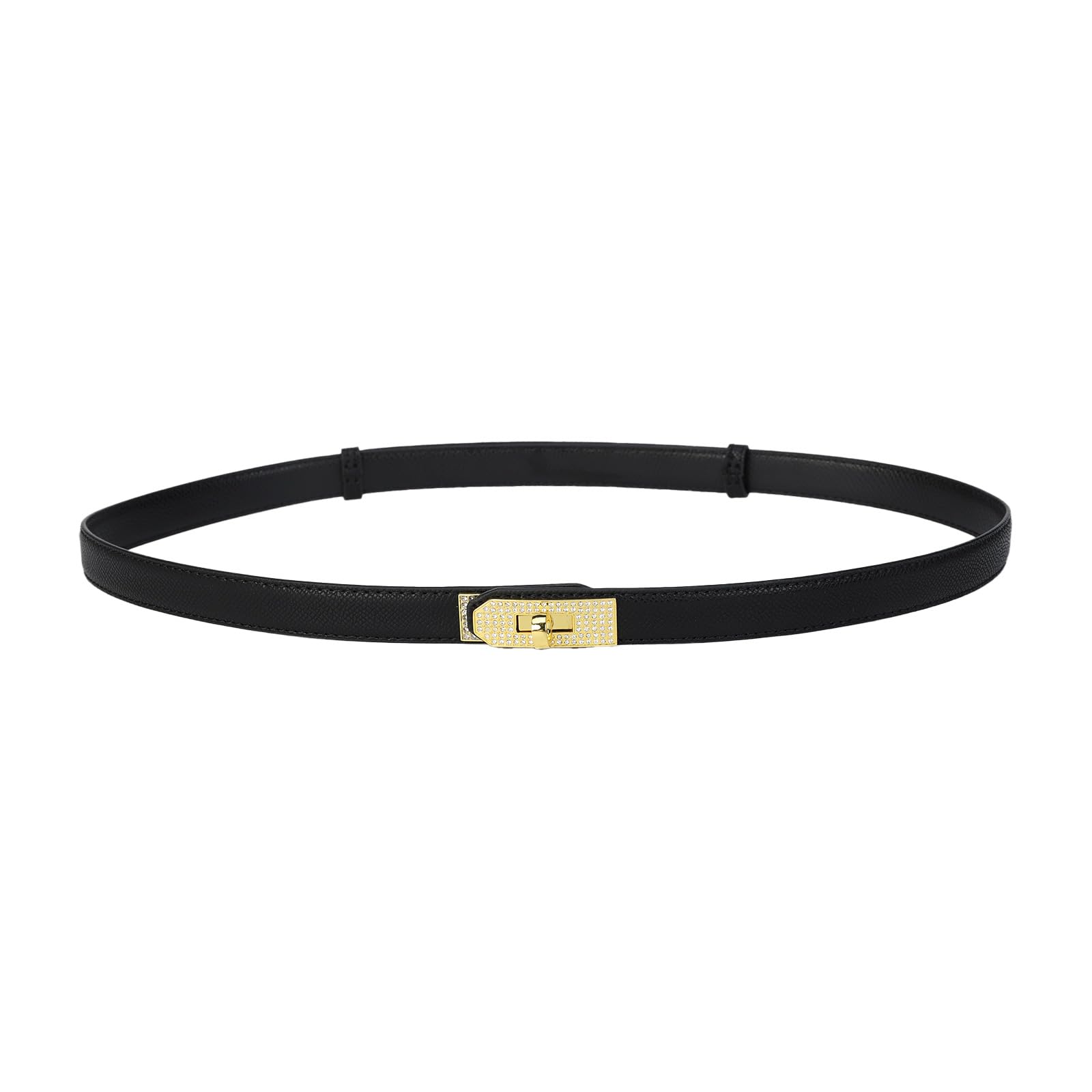 Women's Skinny Leather Belt With Adjustable Gold Alloy Turn-lock Rhinestione Buckle For Dresses,Jeans