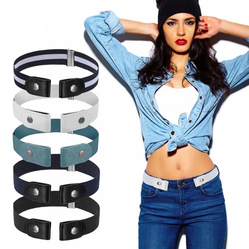 5 PCS No Buckle Stretch Belt, Elastic Waist Belt, Stretch Invisible Belts for Women Men Jeans Pants, No Bulge