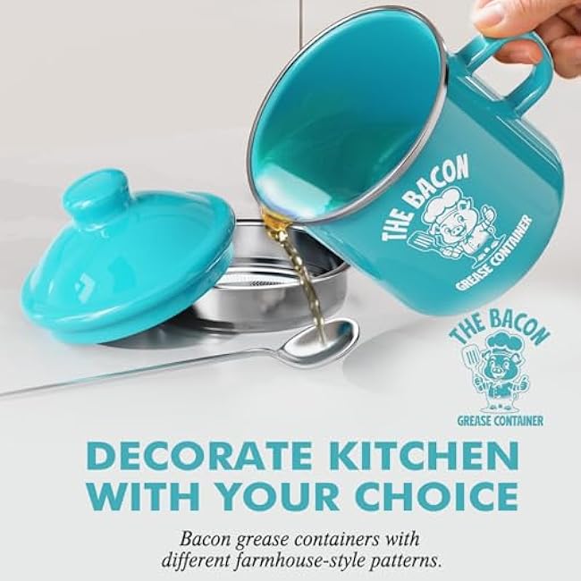 PGYARD Mini Bacon Grease Saver With Strainer - 15OZ Enamel Grease Container, Farmhouse Bacon Grease Keeper For Kitchen Fat Storage, Dishwasher Safe-Light Blue