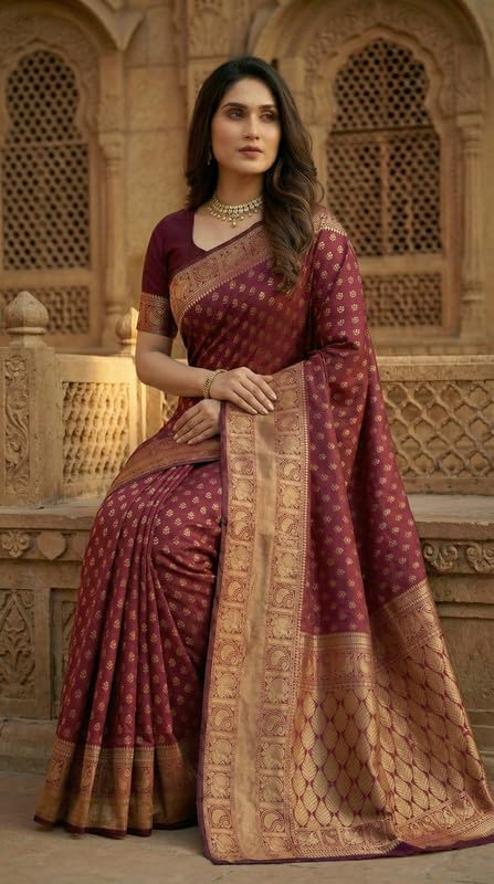 Image of C J Enterprise Women's Pure Soft Silk Saree With Blouse Piece For Wedding (Priya)