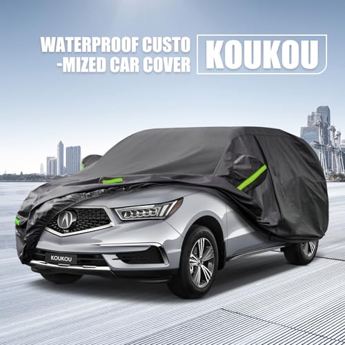 Image of KouKou Waterproof SUV Car Cover Suitable for Acura MDX from 2001 to 2025, 7 Layers Windproof All Weather Waterproof Outdoor Cover Sun Rain UV Dust Snow Protection. Black