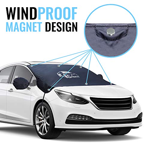 Car Windshield Cover - Frost, Ice, Snow, Water, Scratch, and Heat Resistant. Fits Most Cars, Trucks, SUV’s. All-Weather Protection for Your Windshield with Magnetic Cling. Mirror Covers Included