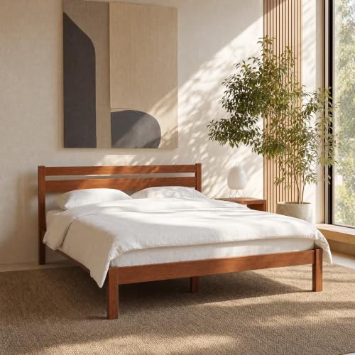Image of LIFEMENT Queen Bed Frame with Headboard Classic Wood Platform, Noise Free, Under Bed Storage, No Box Spring Needed, Easy Assembly, Cherry