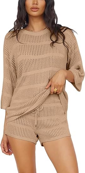 GenericWomens Knit Pajama Sets 3/4 Sleeve Top and Shorts Hollow Out 2 Pieces Loungewear