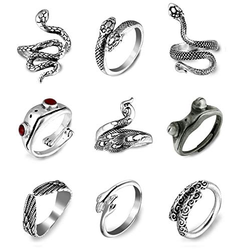 Sunssy 9 Pieces Vintage Punk Rings for Men Gothic Dragon Claw Cobra Snake Frog Rings Open Adjustable Ring Set Jewelry