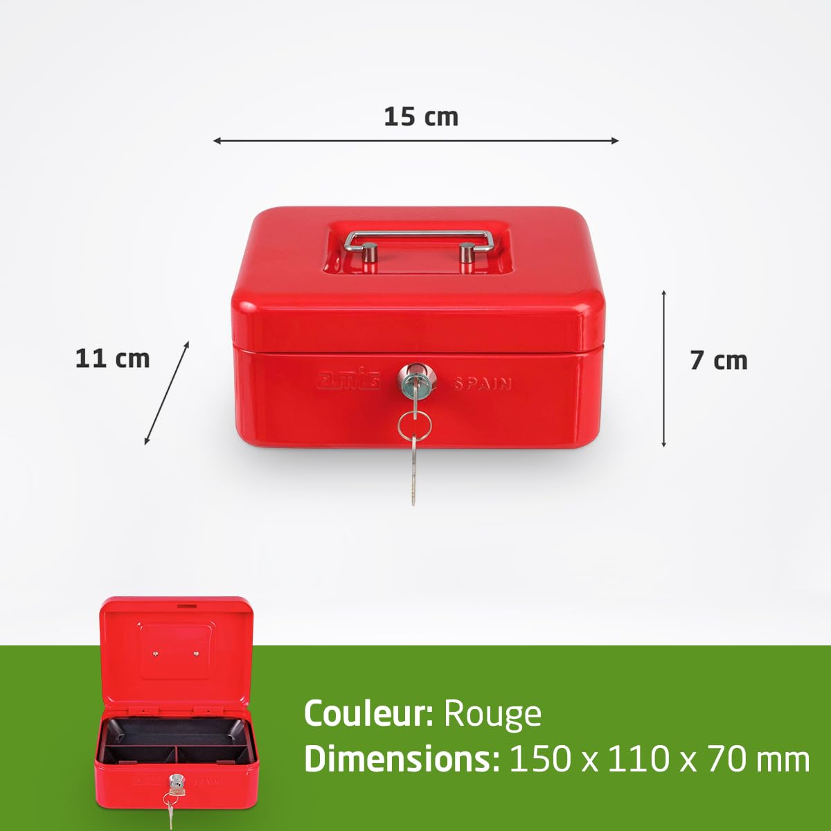 Amig Coffre-fort Acier Rouge 150 x 110 x 70 mm avec Plateau à monnaie et 2 clés