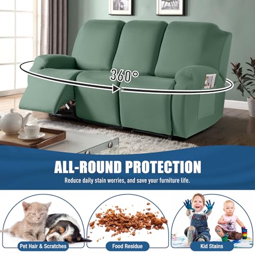 Image of TAOCOCO Recliner Sofa Slipcover, 3 Pieces Polyester Fabric Stretch Sofa Covers for 3 Seat Reclining Couch, Soft Washable Furniture Protector with Pockets (3 Seat, Bean Green)