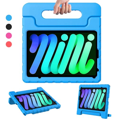 iPad mini7 ケース (A17 Pro、2024) iPad mini 第7 6世代 キッズケース (8.3インチ、2024/2021) アイパッド カバー 子供 保護ケース ハンドル付き 超軽量 耐衝撃 スタンド機能 (ブル-)