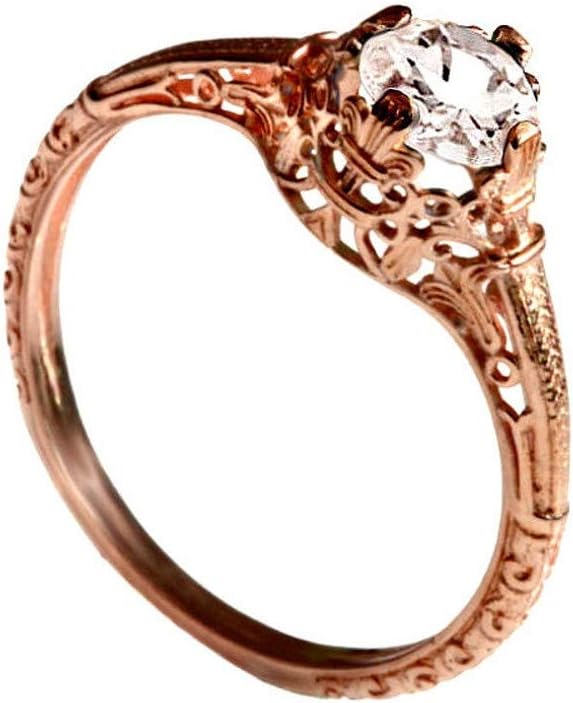 Morganite Vintage filigree engagement promise ring 14k solid rose gold lace natural light peach pink gemstone alternative ring