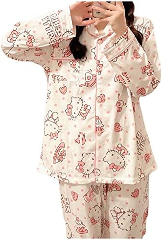 Cute Fashion Long Sleeve Cardigan Pajamas Set Kawaii Leisure Loose Two-Piece Sleepwear Set For Women Girls-M Pink