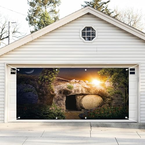 Leyiyi 6x13ft Easter Garage Door Banner Cover Resurrection of Jesus Christ Backdrop Empty Tomb Hole Holy Light He is Risen Crucifixion at Sunrise Garage Background for Christian Easter Photo Props