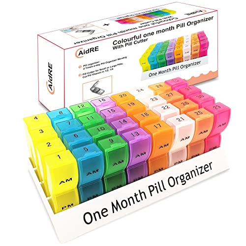 One Month Pill Organizer 2 Times a Day, CAidRE Monthly Pill Organizer AM/PM, Monthly Pill Box for Vitamins, Fish Oil, Supplement, 31 Day Pill Box Organizer, 31 Day Pill Case, 1 x Pill Cutter
