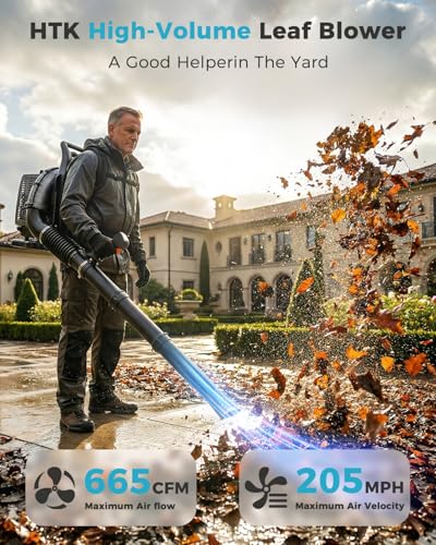 Image of HTK Backpack Blower, 63CC Gas Powered Leaf Blower with 665 CFM & 205 MPH for Commercial Lawn Care, Yard Debris & Snow Removal (Black)