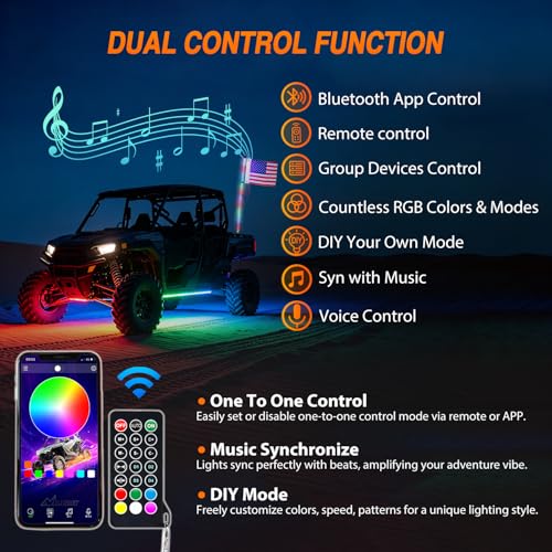 Image of Nilight LED Whip Light 1PC 5FT Spiral RGB Antenna Whips with Spring Base, App /Remote Control DIY Chasing Patterns Brake & Reverse Lights for Side by Side ATV UTV RZR Can-Am Buggy Jeep