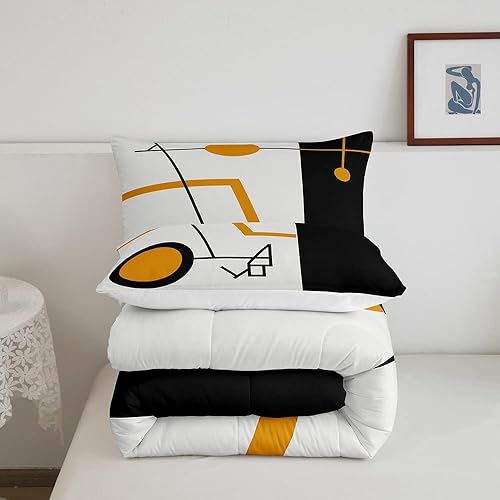 Miniatura 5 de Juego de ropa de cama naranja, blanco y negro para niños y niñas, juego de edredón de rayas geométricas y remolinos circulares, edredón acolchado