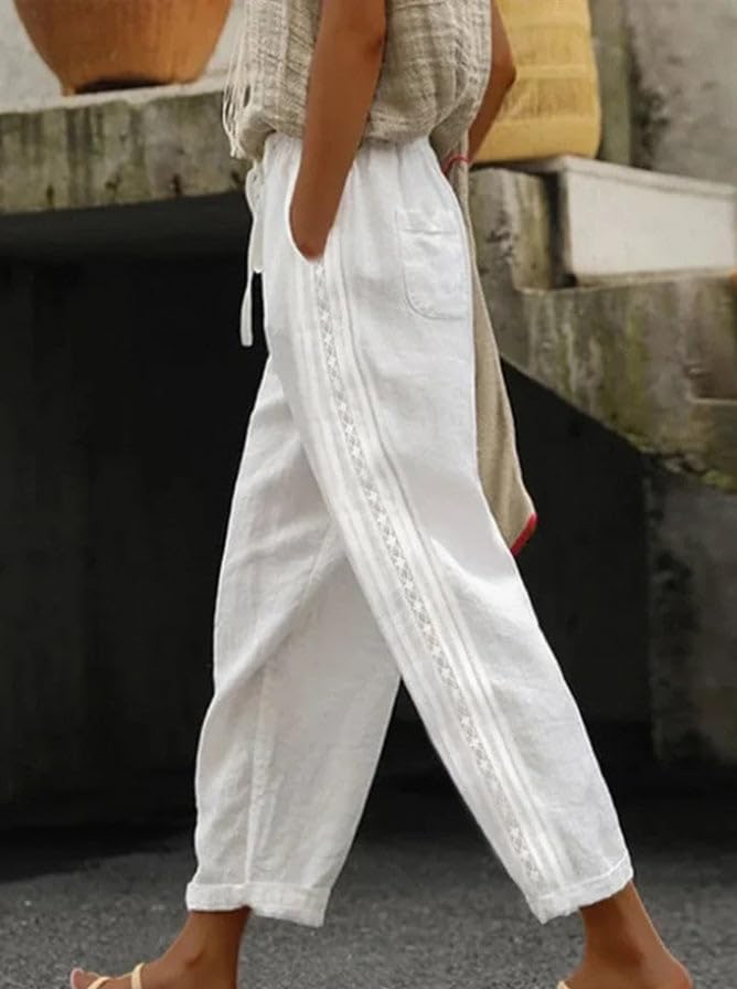 Women Linen Pants Summer 2025 High Elastic Waist Lace Comfy Gauze Slacks Lightweight Casual Loose Trousers with Pockets Lace White Size L2