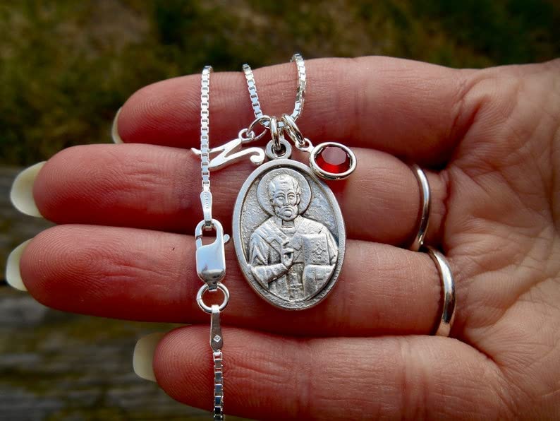 Miniatura 4 de Saint St Nicholas Icon Necklace - 18" Sterling Silver Box Chain- Crystal Birthstone - Patron Saint of Children and Sailors- Confirmation Gift-