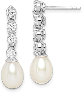 Brincos de prata esterlina 925 8 mm arroz branco pérola cultivada em água doce zircônia cúbica CZ Post Stud brincos gota pingente joias finas para mulheres presentes para ela, Pérola, Zircônia cúbica Pérola