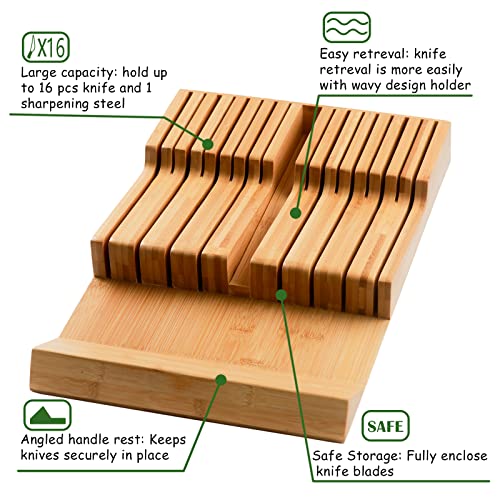 Wencraft Bamboo Kitchen Drawer Knife Holder, In-Drawer Knife Block, Knife Drawer Organizer Fit For 16 Knives And 1 Steel Sharpening #TOP2