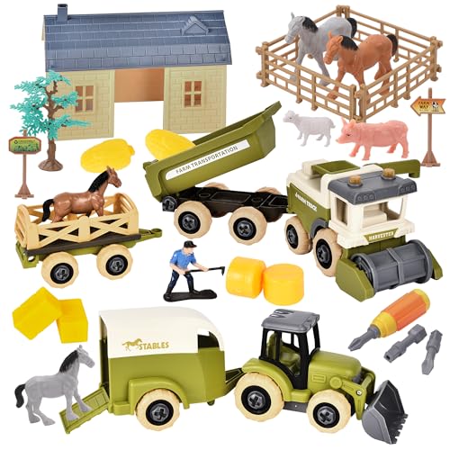 Herefun Bauernhof Traktor Spielzeug, Bauernhof Tiere Spielzeug Set mit Haus, Vieh und Abnehmbarer Wagen, Traktor Spielzeug ab 2 Jahre, Geburtstag Geschenke 2 3 4+ Jahre