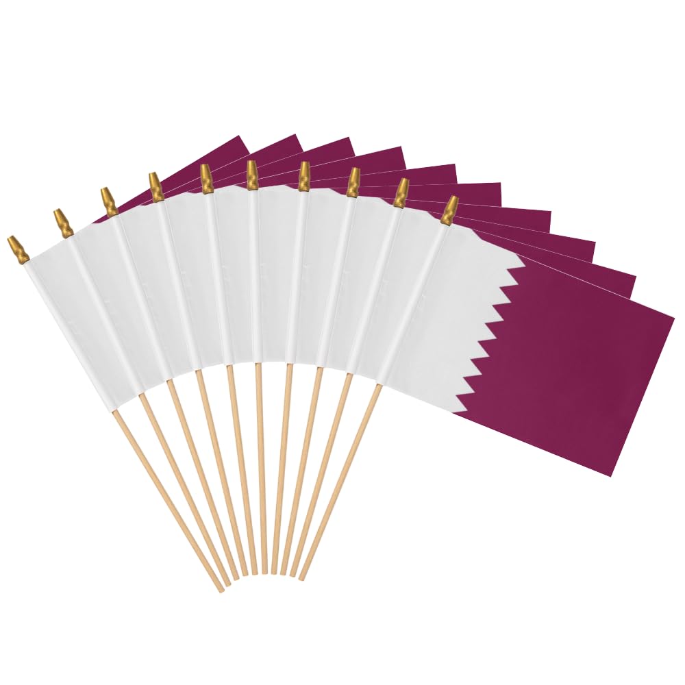 Drapeau à main du Qatar 12,7x20,3 cm avec bâton en bois rigide et finitions soignées
