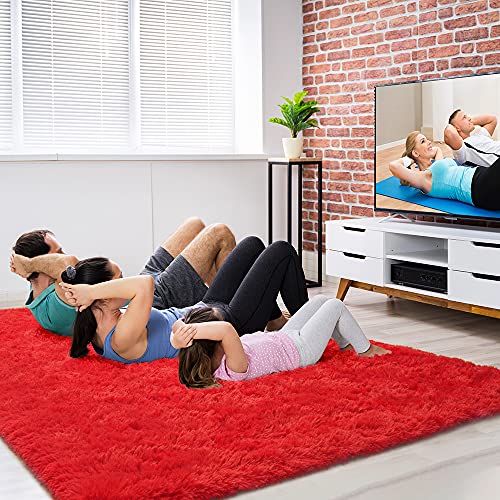 Amearea Shag Fluffy Area Rug For Bedroom Girls Living Room, Extra Soft And Fuzzy Shaggy Rugs, Non Slip, Solid Color Carpet Mat For Boys Nursery Home, Red 6X9 Feet #TOP4