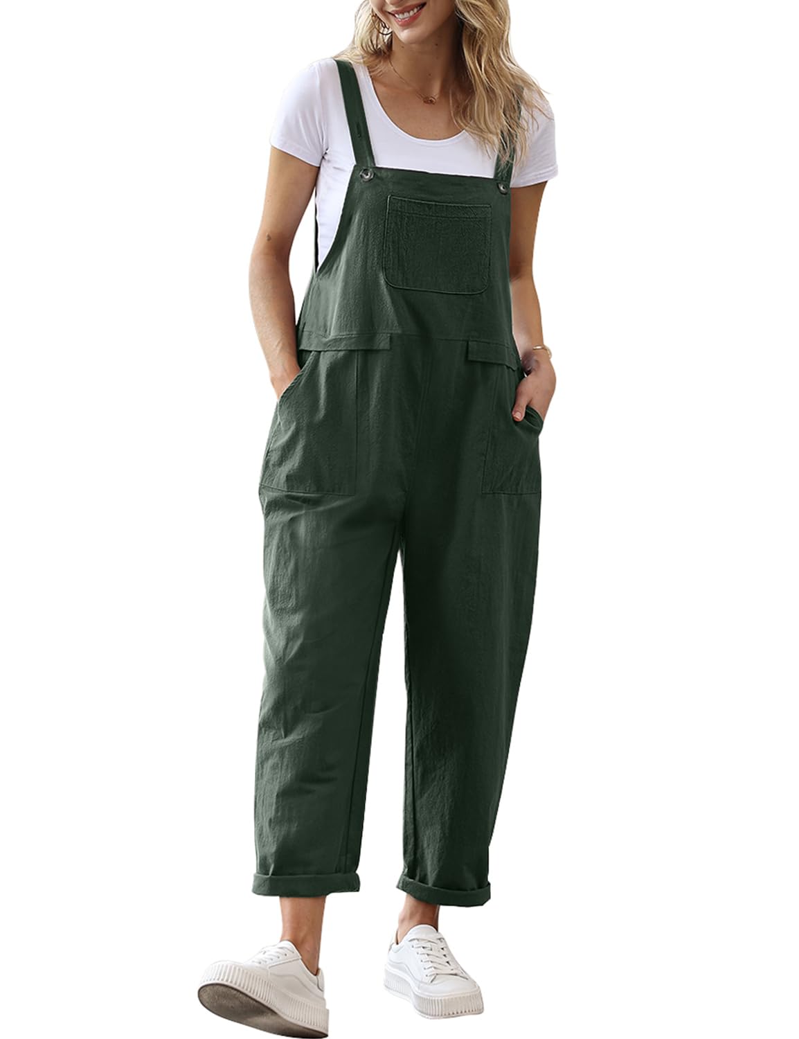 YESNOWomen Long Casual Loose Bib Pants Overalls Baggy Rompers Jumpsuits with Pockets (M PV9 Dark Green)