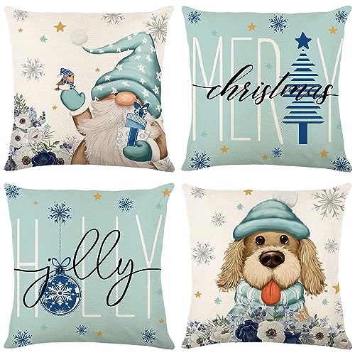 Lesmore Christmas Pillow Covers 18x18 Inch Set of 4, Gnomes Xmas Trees Dog Throw Pillow Covers, Merry Christmas Winter Holiday Decor Throw Cushion Case for Home Couch