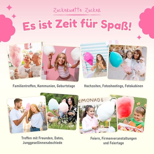CANDY LAMA Zuckerwatte Zucker Set | 10 x 250g | inkl. 100 Zuckerwattestäbe | 100% Vegan & Allergenfrei | Ideal für Zuckerwattemaschine | 8 essbare Dekorationen – Bild 6