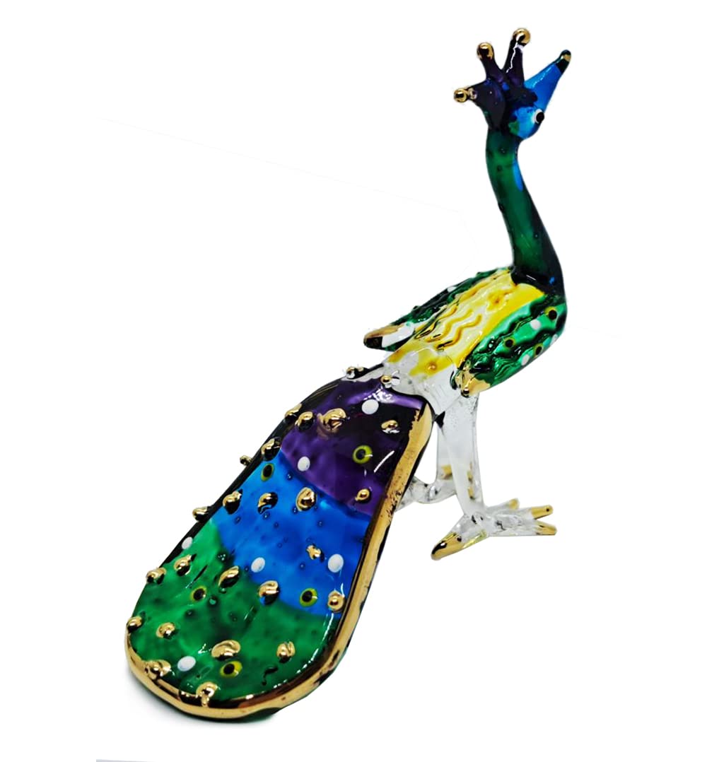 Tiny 3" Long Green Blue Purple Peacock Peafowl Bird Figurine - Miniature Hand Blown Painted Glass Birds Colorful Crystal Animals Decorative Collectible Figurines Décor Gifts